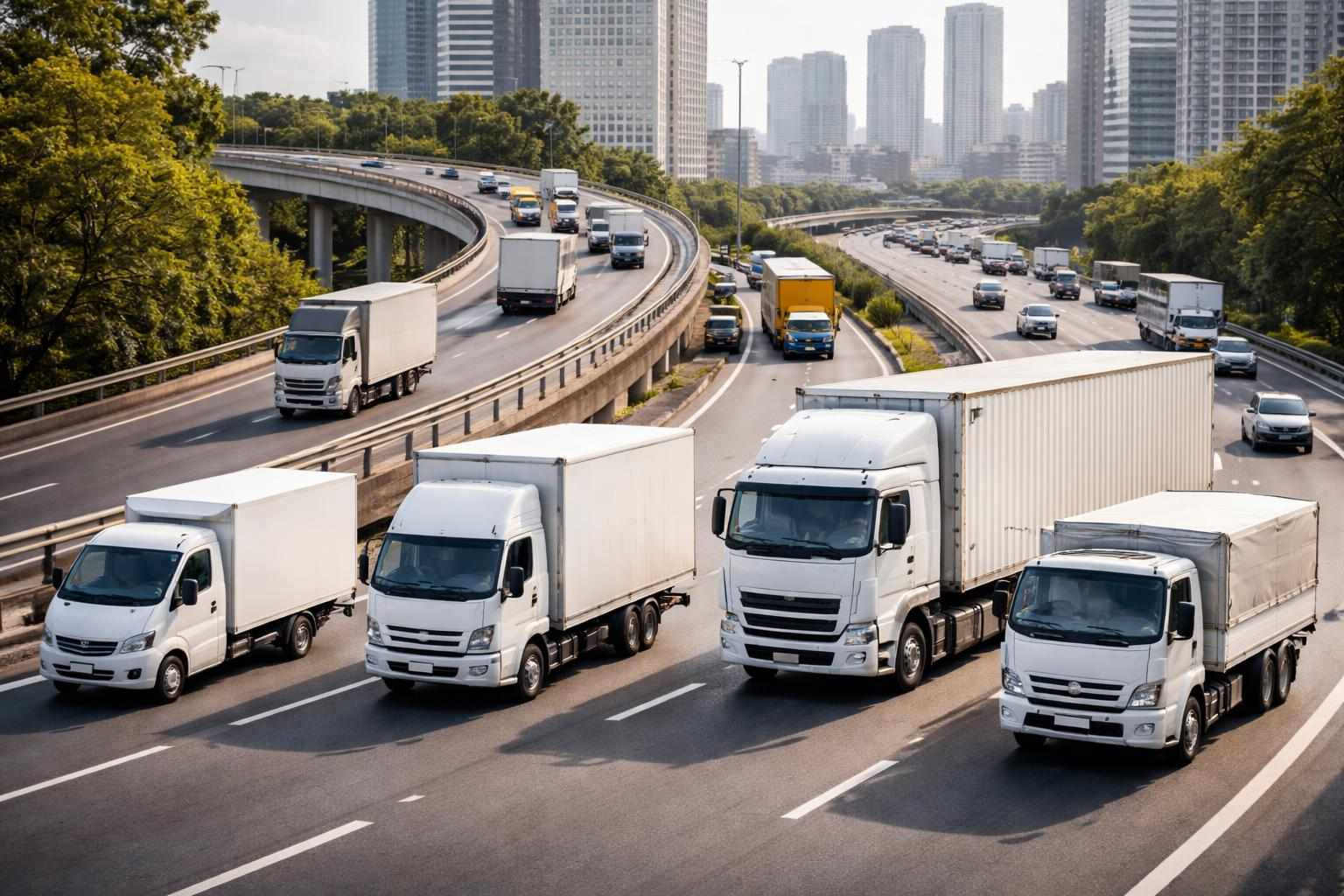 多種貨運車輛在城市與高速公路上運行的示意圖,象徵長短途貨運服務